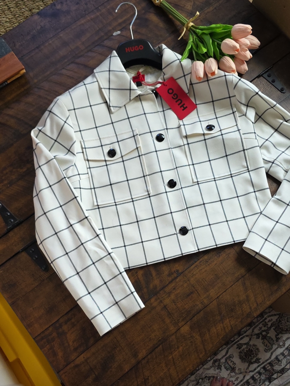 HUGO Ivory Windowpane Cropped Blazer